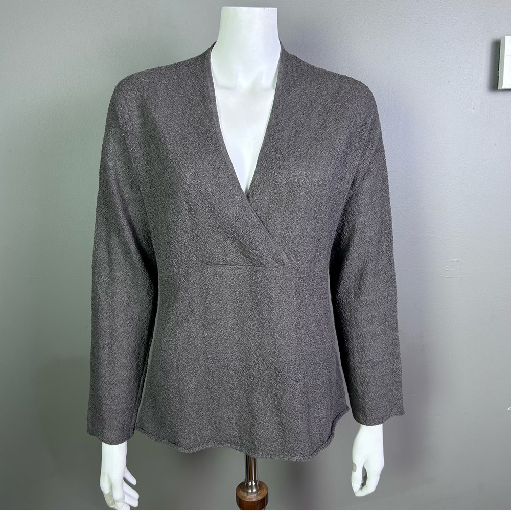 Eileen Fisher sweater Medium boucle taupe brown v-neck faux wrap empire waist